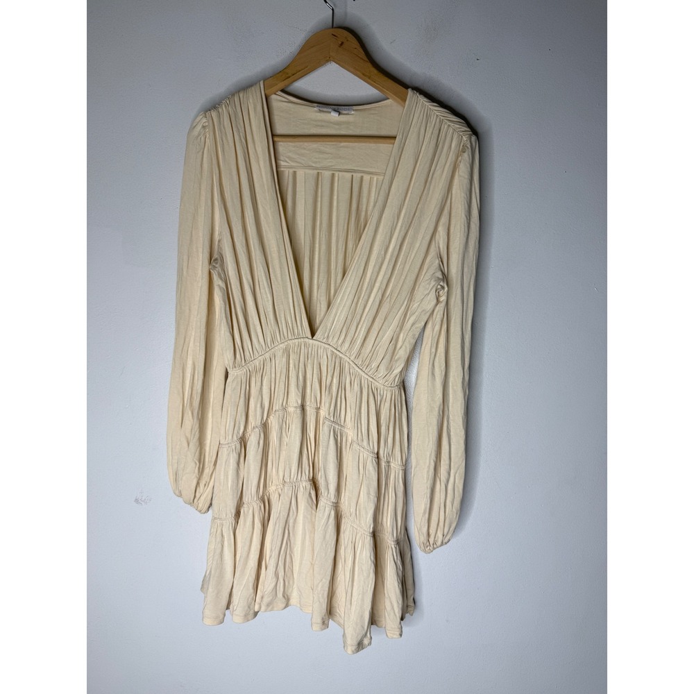 Indah Body Cream Plunge V-Neck Tiered Ruffle Mini Dress Long Sleeve Boho Small